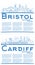 Outline Cardiff Wales and Bristol UK City Skyline Set