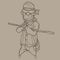 Outline cartoon cool man scout in hiking clothes standing with a stick