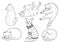 Outline cats in different poses set. Kitten in sweater, sitting, playing, sleeping. Hand drawn contour vector