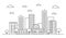 Outline city skyline landscape design concept with buildings, scyscrapers, donut shop cafe,clouds,trees. Vector, graphic