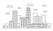Outline city skyline landscape design concept with buildings, scyscrapers, trees, clouds and cafe. Vector illustration. Editable