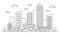 Outline cityscape skyline landscape design concept with buildings, scyscrapers, donut shop cafe trees, clouds. Vector