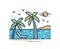 Outline colorful vacation scenery. Line art beach landscape with deckchair and palm trees. Picturesque seascape with