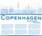 Outline Copenhagen Skyline with Blue Landmarks and Copy Space.