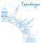 Outline Copenhagen Skyline with Blue Landmarks and Copy Space.