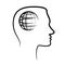 Outline design icon with human head, brain and globe planet. Abs