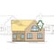 Outline drawing of a country house with a security shield. Smart home with alarm on the background of ordinary homes.