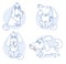 Outline drawing.  Different dogs A cute, playful white dog with a heart runs and sits, scratches an ear, sticks out its tongue.