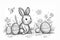 Outline drawing Easter bunny and colourful eggs.