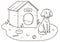 Outline drawing of a friendly dog cartoon near his kennel