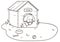 Outline drawing of a friendly dog sleeping in its kennel