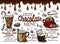 Outline drawing hot chocolate menu with melted chocolate, hot cocoa, marshmallow, whipped cream, candy cane, cinnamon