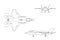 Outline drawing of military aircraft on white background. Top, s