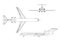Outline drawing plane on a white background. Top, front , side v