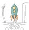 Outline drawing of retro rocket taking off from a spaceport. Space Shuttle. Vector linear drawing