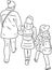 Outline drawing of silhouettes mother with her little kids walking outdoors