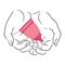Outline female hands hold the pink menstrual cup. Caring for womens health. Zero waste product. Vector contour illustration