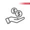 Outline flat icon of dollar coins falling in hand. Hand and coins dropping web. Dollars coin and a palm.