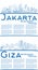 Outline Giza Egypt and Jakarta Indonesia City Skylines Set with Blue Buildings and Copy Space