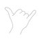 Outline hand gesture of Shaka. Sign call me. Silhouette black linear style on a white background
