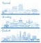 Outline Harrisburg Pennsylvania, Cleveland Ohio and Bismarck North Dakota City Skyline Set with Blue Buildings