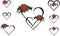 Outline heart icons with grunge rose elements on white