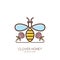 Outline honeybee logo, emblem or icon. Linear bee and clover flowers isolated