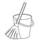 Outline icon besom with stick and pail with handle. Silhouette broom and bucket simple line vector template. Linear