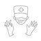 Outline icon of doctor in Doodle style with thin line. Medical worker, surgeon in protective face mask with gloves as symbol of