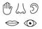 Outline icon set of five human senses: vision eye, smell nose, hearing ear, touch hand, taste mouth with tongue