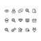 Outline icon symbols set. Contains icon eye, chat cloud, magnifier, man with hat and glasses, consumer basket, setting