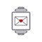 Outline icon of vector smartwatch with letter mail envelope and heart shape. Message notification. Friendship call device screen