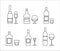 Outline icons of alcohol bottles beverages and glasses. Vector illustration