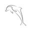 Outline illustration of a jumping dolphin. Line art. The object is separate from the background