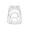 Outline image of a backpack on a white background. black and white line drawing. school accessory.