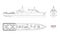 Outline image of military ship. Top, front and side view. Battleship. Industrial isolated drawing of boat. Warship USS