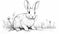 Outline an inquisitive rabbit with twitching nose and upright ears