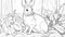 Outline an inquisitive rabbit with twitching nose and upright ears