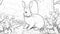 Outline an inquisitive rabbit with twitching nose and upright ears