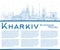 Outline Kharkiv Ukraine City Skyline with Blue Buildings and Copy Space