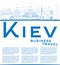 Outline Kiev skyline with blue landmarks and copy space.