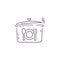 Outline kitchen pan icon with a plate, spoon and fork shape element. Editable stroke line for motion graphics in vector