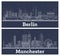 Outline Manchester UK and Berlin Germany City Skyline Set