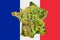 Outline map of the France with the image of the national flag. Image of poppy cob inside card. Collage. The France is a major