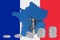 Outline map of France with the image of the national flag. Power line inside the map.Stacks of Euro coins. Collage. Energy crisis