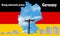 Outline map of Germany with the image of the national flag. Power line inside the map. Stacks of Euro coins. Collage. Energy