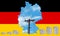 Outline map of Germany with the image of the national flag. Power line inside the map. Stacks of Euro coins. Collage. Energy