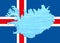 Outline map of Iceland with the image of the national flag. Ice inside the map. Collage. Energy crisis