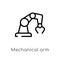 outline mechanical arm vector icon. isolated black simple line element illustration from artificial intelligence concept. editable