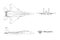 Outline military airplane blueprint. Top, side, front view of aircraft. Isolated contour warcraft. USA army plane